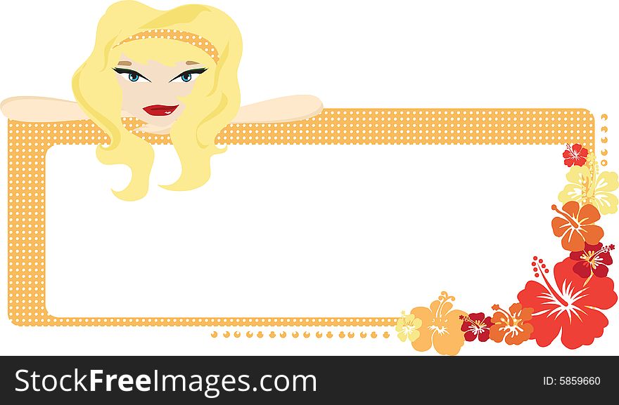 Orange flowery hibiscus frame with a blonde girl leaning on top of it. Orange flowery hibiscus frame with a blonde girl leaning on top of it