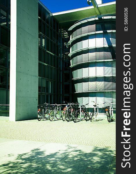 Modern corporate building in Berlin with bicycles