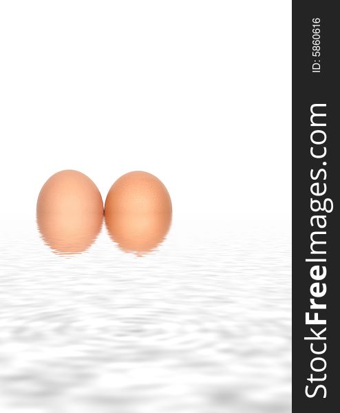 Abstract of two brown eggs, partially submerged and reflected in softly rippled grey and white water. Set against a white background. Abstract of two brown eggs, partially submerged and reflected in softly rippled grey and white water. Set against a white background.