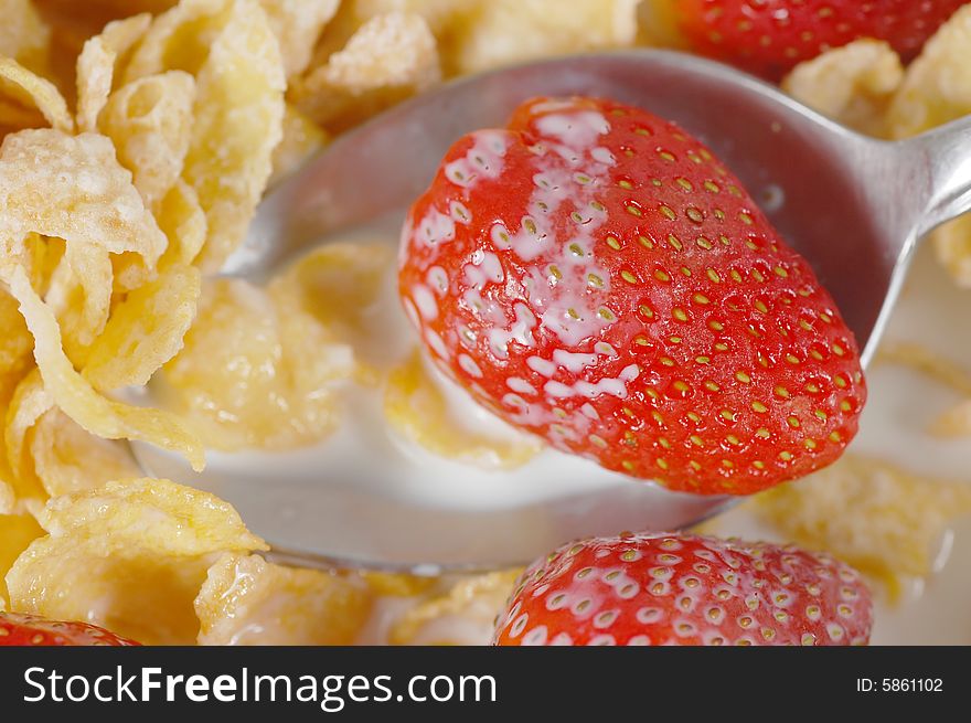 Macro shot of a cereal bowl with strawberries. Macro shot of a cereal bowl with strawberries