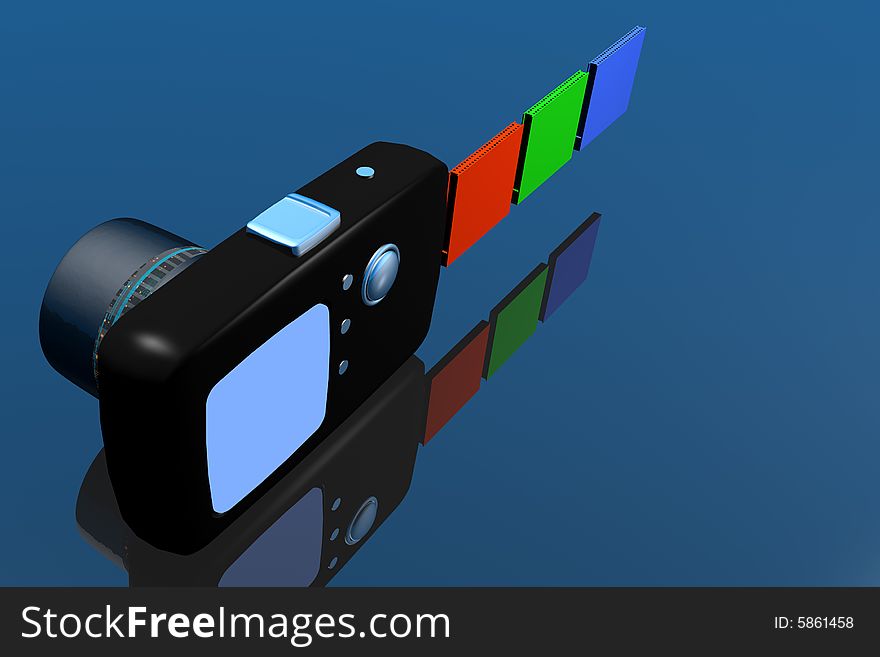 Digital camera with media in red, green and blue. Digital camera with media in red, green and blue