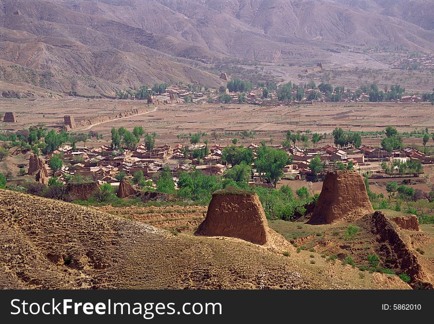 Watchtowers of the great wall and the villages nearby, shanxi province, china