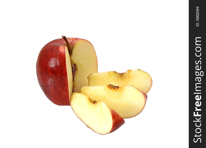 Red apple with the cut off three shares on a white background.