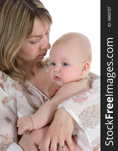 Happy mother with baby over white