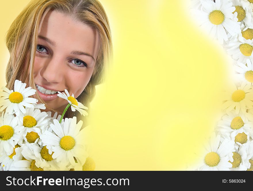 Beautiful woman with flowers on white