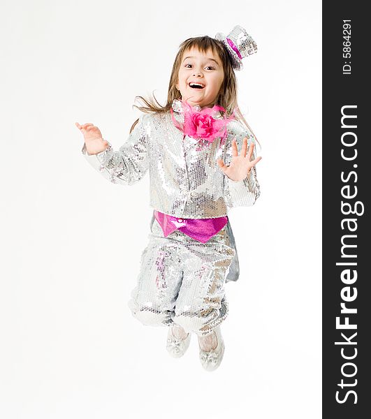 Little emotional girl in carnival clown costume. Little emotional girl in carnival clown costume