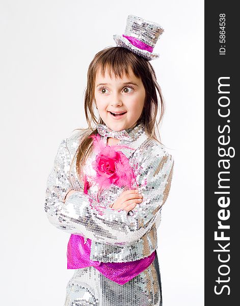 Little emotional girl in carnival clown costume. Little emotional girl in carnival clown costume