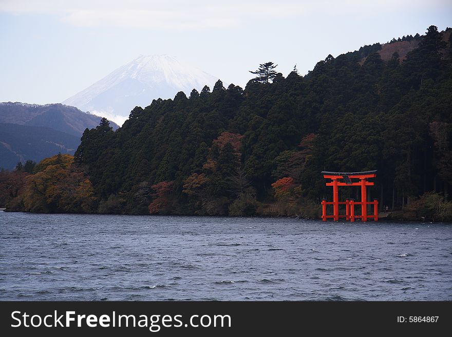 The landscape photo of Japanese style gate located in Hakone lake, Japan. The landscape photo of Japanese style gate located in Hakone lake, Japan.