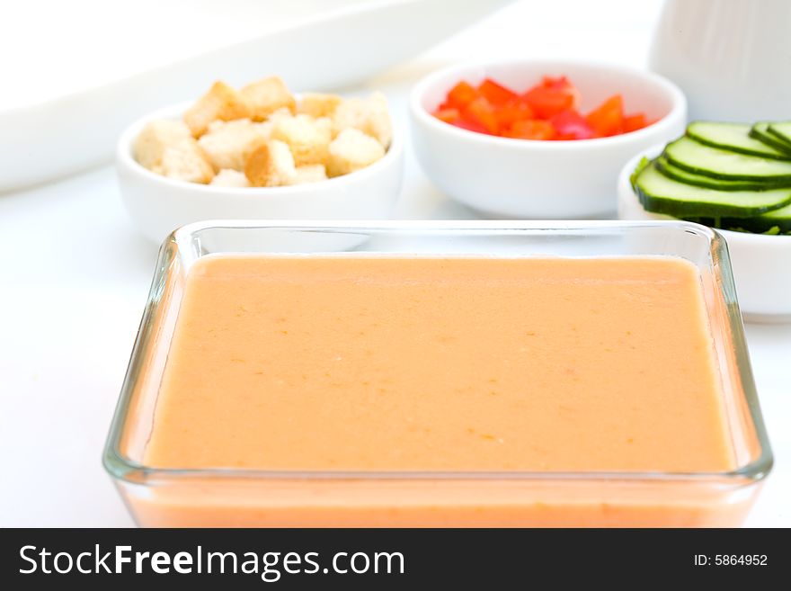 Gazpacho is cold soup typical Spanish cream that is popular in warmer areas and during the summer. Gazpacho is cold soup typical Spanish cream that is popular in warmer areas and during the summer