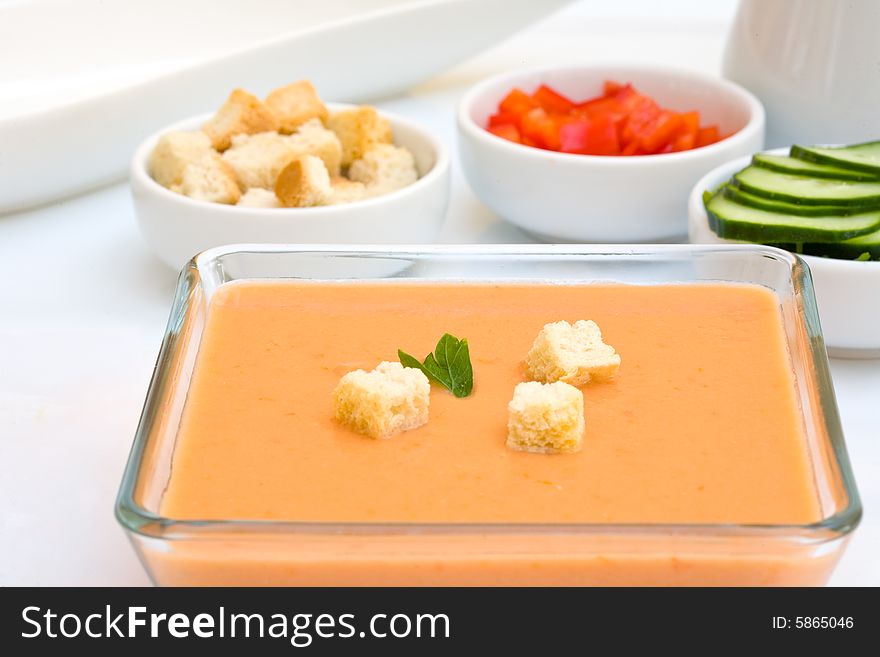 Gazpacho is cold soup typical Spanish cream that is popular in warmer areas and during the summer. Gazpacho is cold soup typical Spanish cream that is popular in warmer areas and during the summer