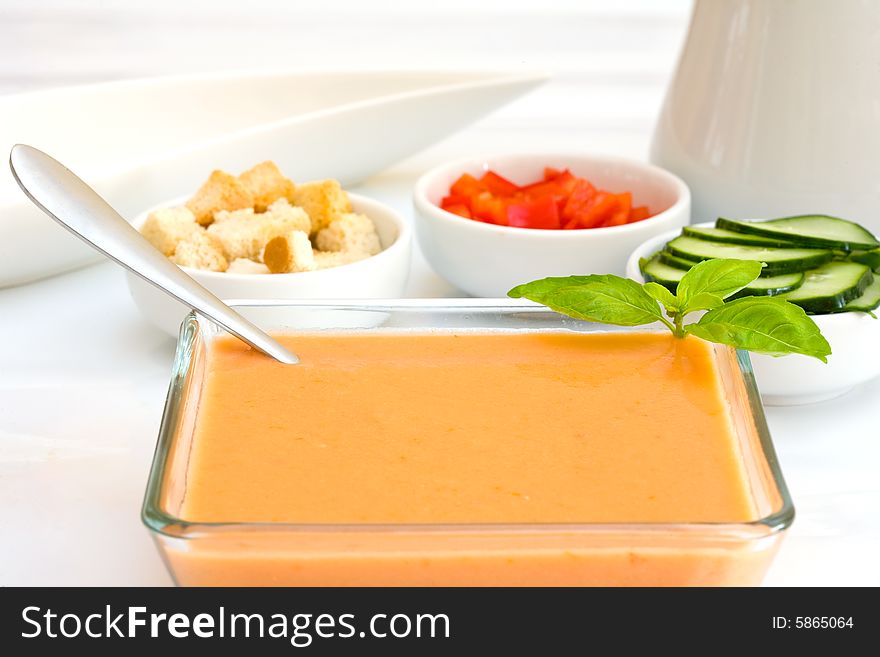 Gazpacho is cold soup typical Spanish cream that is popular in warmer areas and during the summer. Gazpacho is cold soup typical Spanish cream that is popular in warmer areas and during the summer