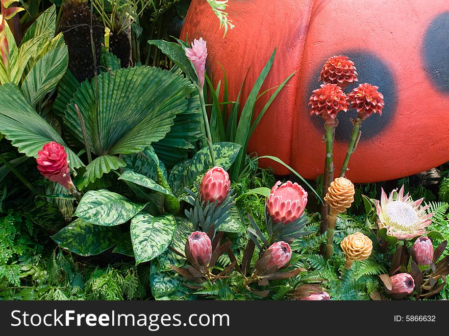 Flowers and fake huge ladybug at a corner of a beautiful garden in summer. Flowers and fake huge ladybug at a corner of a beautiful garden in summer