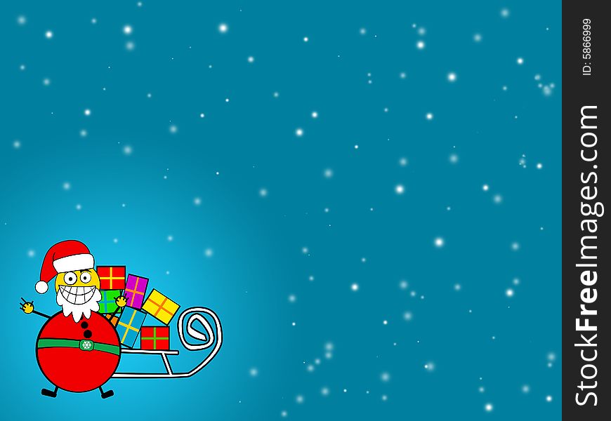 Cartooned Santa Clause with sledge and presents at blue background. Cartooned Santa Clause with sledge and presents at blue background