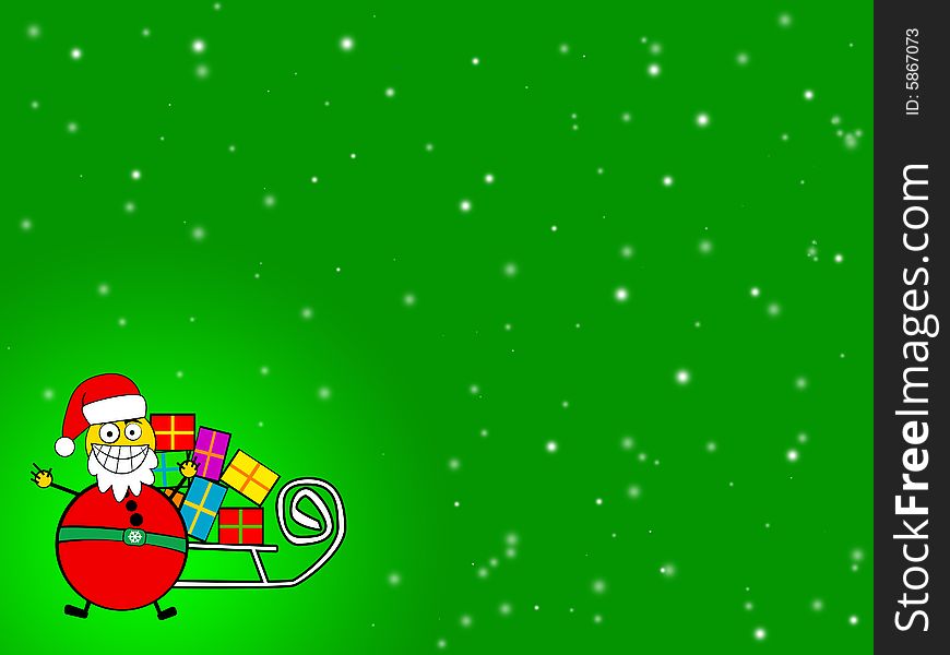 Cartooned Santa Clause with sledge and presents at green background. Cartooned Santa Clause with sledge and presents at green background