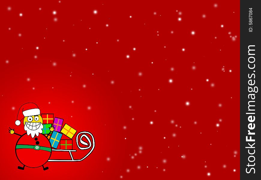 Cartooned Santa Clause with sledge and presents at red background. Cartooned Santa Clause with sledge and presents at red background