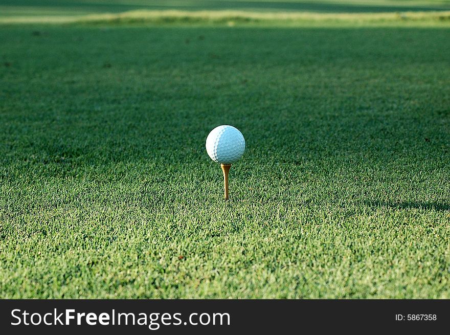 A white golf ball sitting on a wooden tee with fairway in the background. A white golf ball sitting on a wooden tee with fairway in the background.