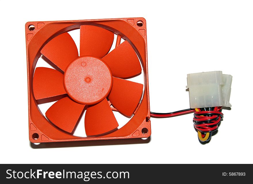 Orange Computer Fan and power cable over a white background