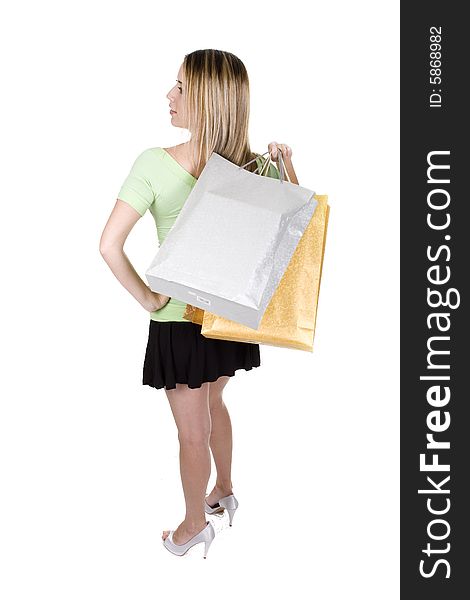 Woman with shopping bags over white background