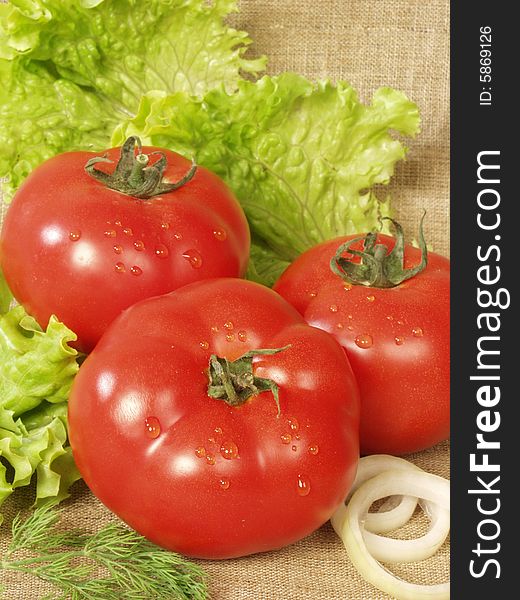 Three red tomatoes on a leaf of salad on a sacking