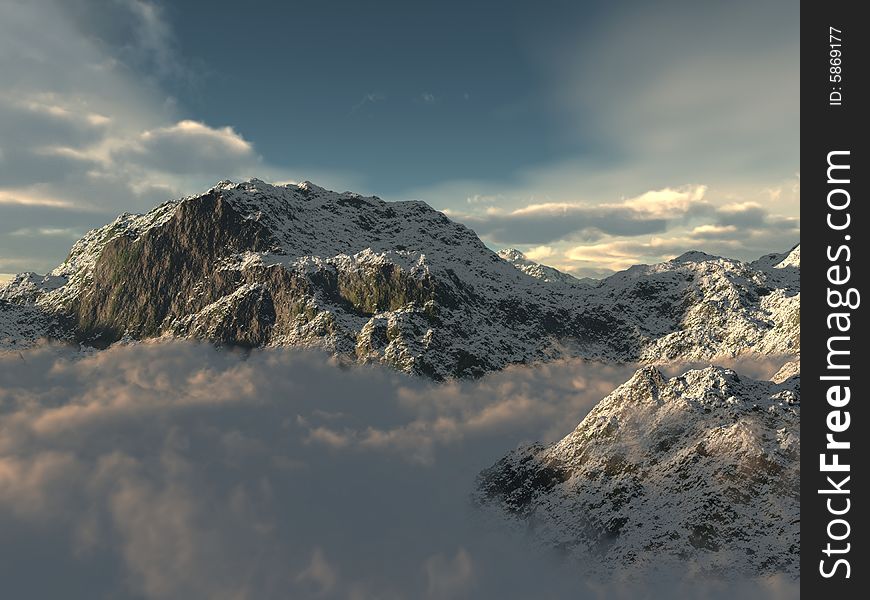 Mountain 3d generated scene with low clouds