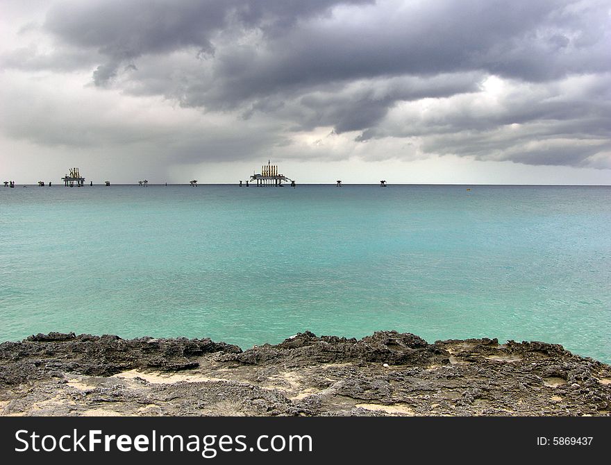 The dark cloudy skyline over Freeport on Grand Bahama Island, The Bahamas. The dark cloudy skyline over Freeport on Grand Bahama Island, The Bahamas.