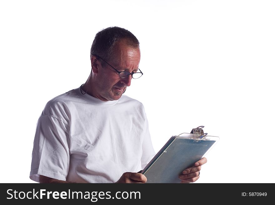 Portrait of senior man against white background with clipboard. Portrait of senior man against white background with clipboard