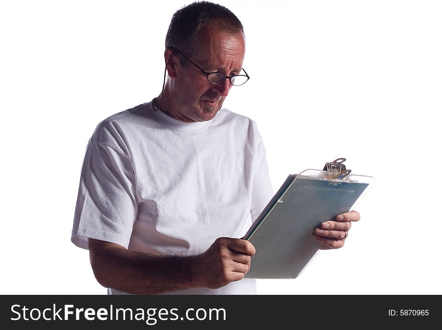 Portrait of senior man against white background with clipboard. Portrait of senior man against white background with clipboard