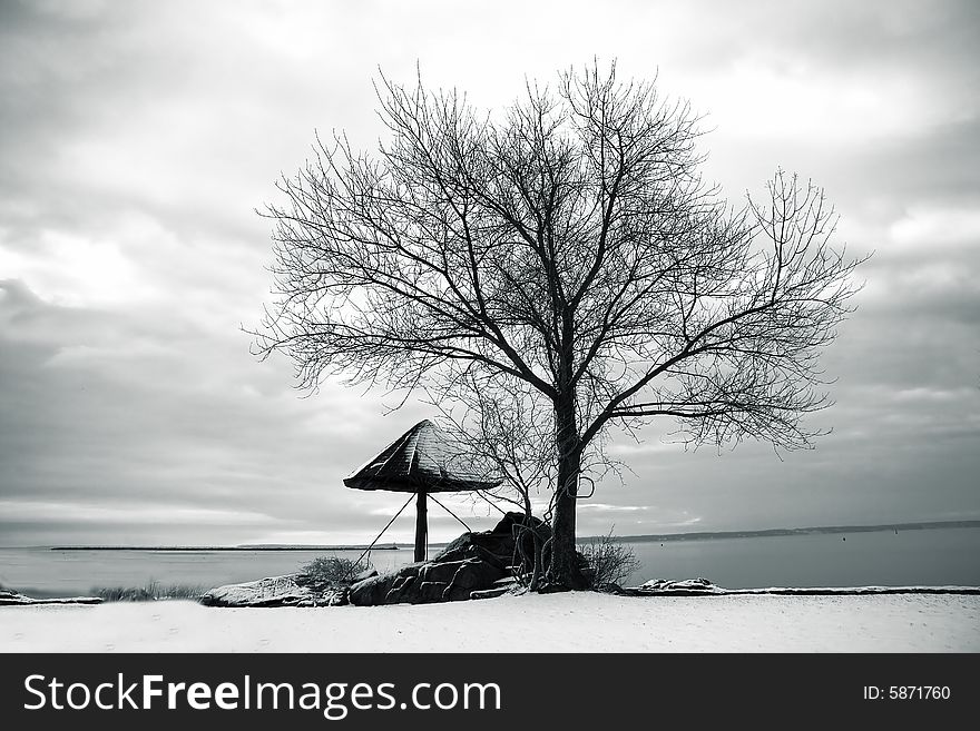 View of shoreline in winter with gazebo and tree. View of shoreline in winter with gazebo and tree.