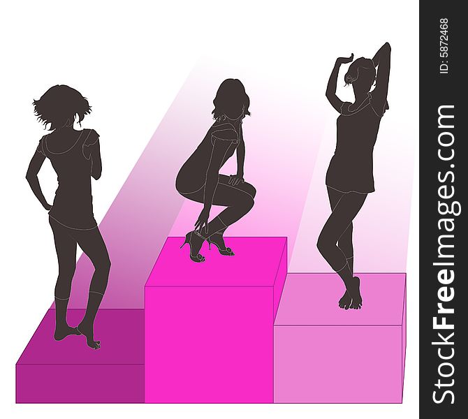 Illustration of three young success women's silhouette in happy free motion at the rose cubes. Illustration of three young success women's silhouette in happy free motion at the rose cubes