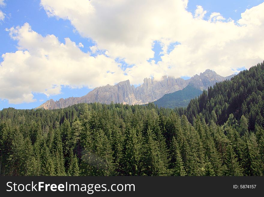 Sella montain group,  green valley and  woods. Italy. Sella montain group,  green valley and  woods. Italy