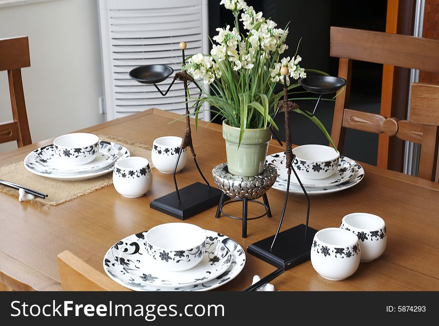 Teapot and four cups for Chinese tea. Teapot and four cups for Chinese tea