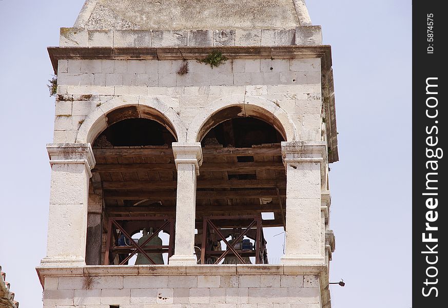 A close-up of the bell tower of the St Carmel church. A close-up of the bell tower of the St Carmel church