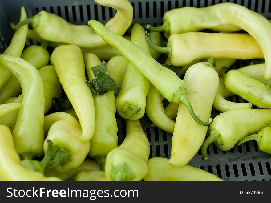 A small pile of green chili peppers rests in a plastic basket.