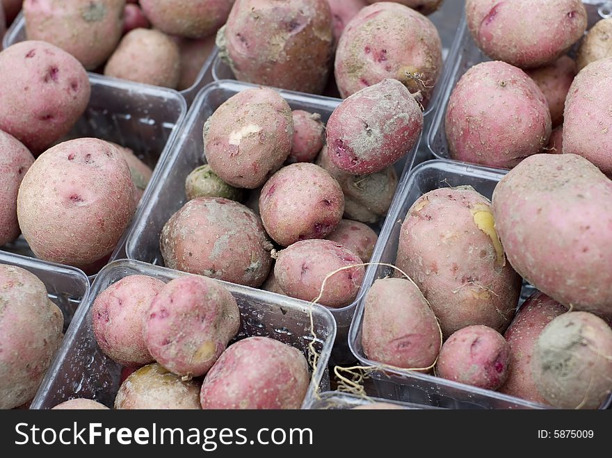 Multiple baskets of fresh red potatoes for sale. Multiple baskets of fresh red potatoes for sale.