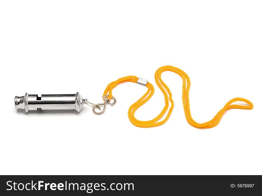 Metal whistle with a yellow cord on a white background