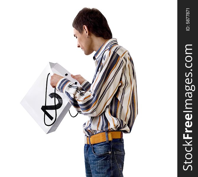 Man looks in gift package, on white background. Man looks in gift package, on white background