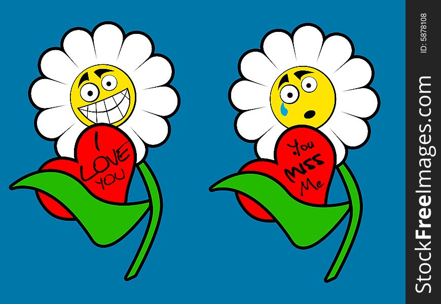 Cartooned flower with love messages in two variants