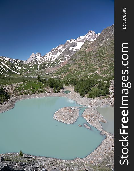 The beautiful landscape of Miage Lake, Mont Blanc massif, Courmayeur, Italy. The beautiful landscape of Miage Lake, Mont Blanc massif, Courmayeur, Italy