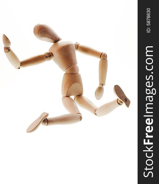 Wooden man falling, isolated on white background.