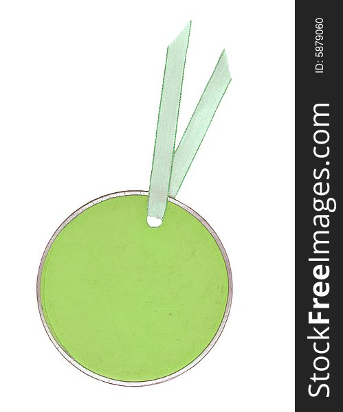 Green, round tag with gold ribbon blank for your own text. Green, round tag with gold ribbon blank for your own text.