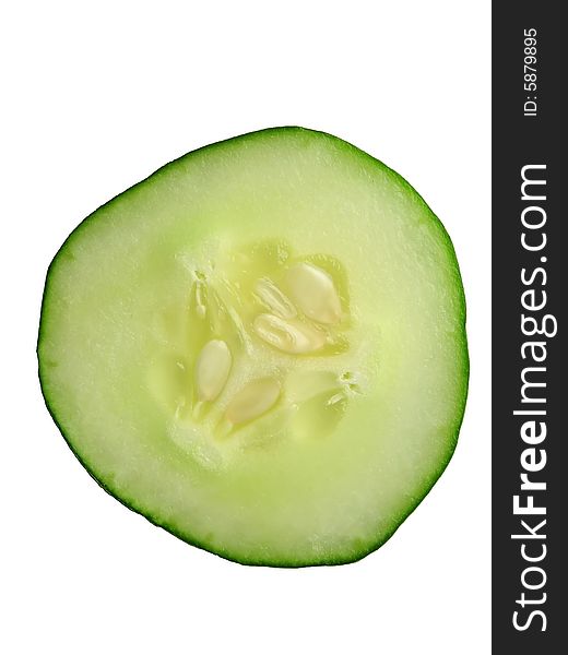 A single cucumber slice against a white background.