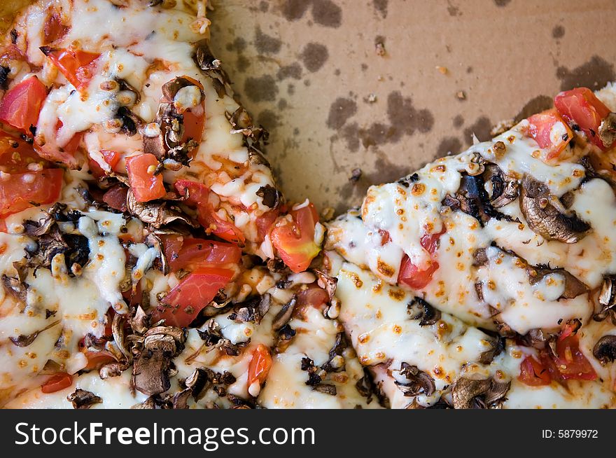 Closeup on pizza with tomatoes and mashrooms. Closeup on pizza with tomatoes and mashrooms