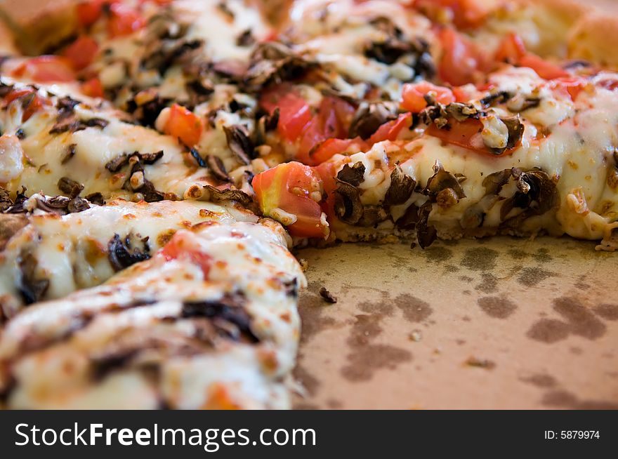 Closeup on pizza with tomatoes and mashrooms. Closeup on pizza with tomatoes and mashrooms