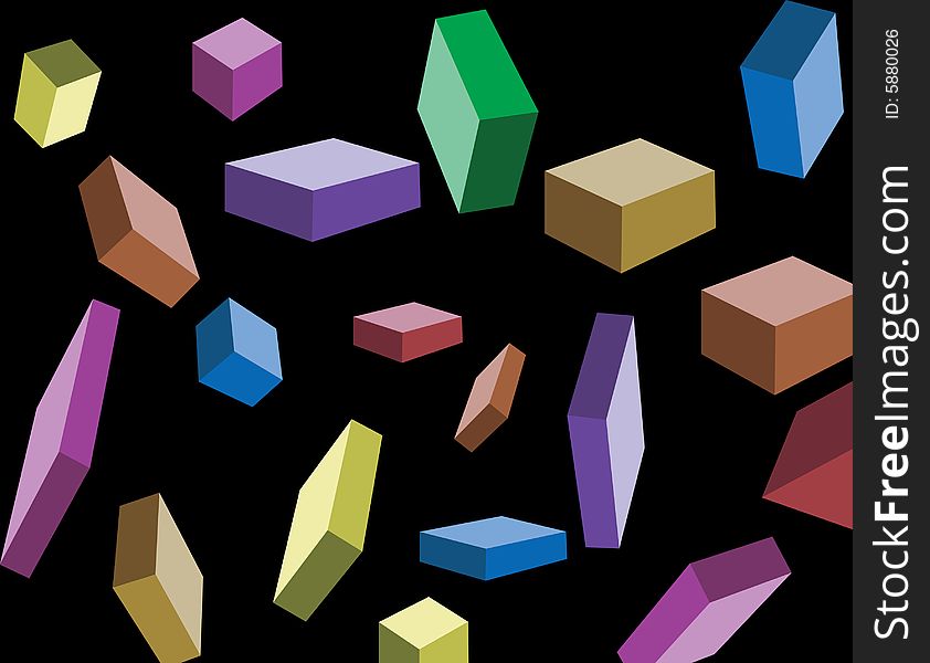 A full spectrum of cubes falling through space. A full spectrum of cubes falling through space