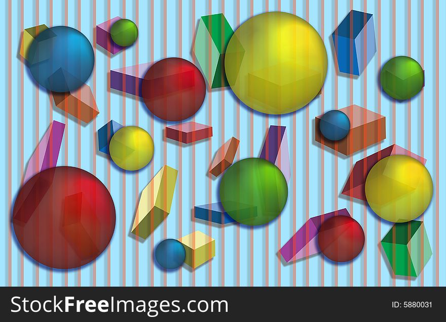 Assortment of blocks and balls layered on a blue pinstriped background. Assortment of blocks and balls layered on a blue pinstriped background