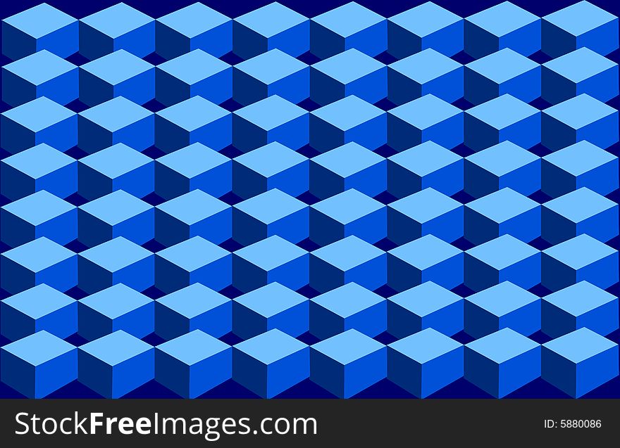 Blue hued cubes arranged in vertical and horizontal rows. Blue hued cubes arranged in vertical and horizontal rows