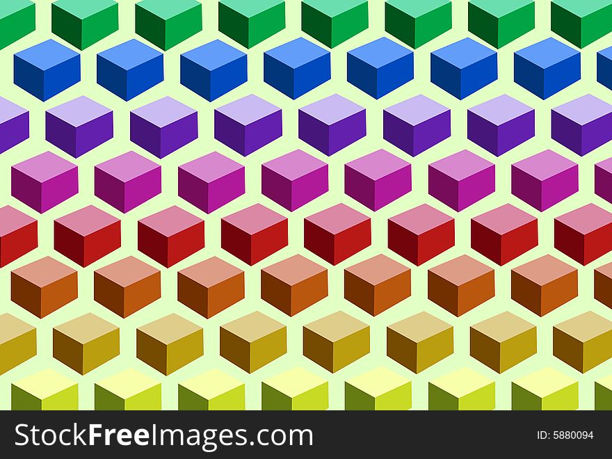 Cubes arranged in rows in an ascending order based on the color spectrum. Cubes arranged in rows in an ascending order based on the color spectrum