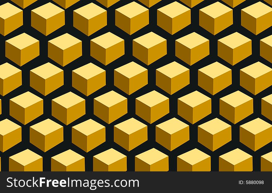 Golden  cubes distributed in a honey comb type pattern. Golden  cubes distributed in a honey comb type pattern