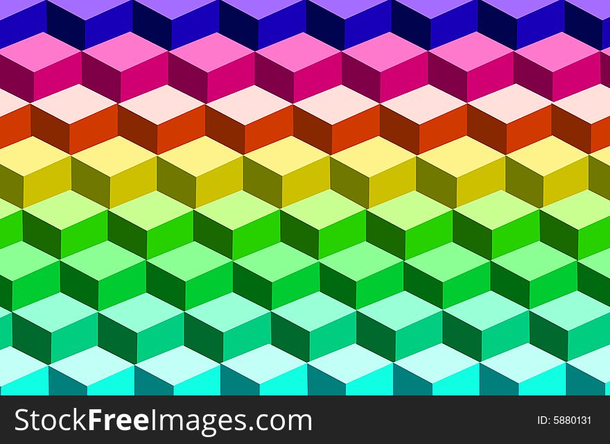Cubes arranged in rows in an ascending order based on the color spectrum. Cubes arranged in rows in an ascending order based on the color spectrum