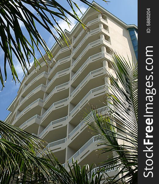 Beach Resort Front with Green Palm Fronds